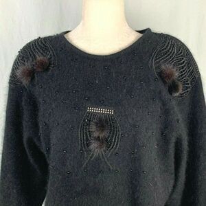 Vintage 80s Angora Sweater S Black Beaded